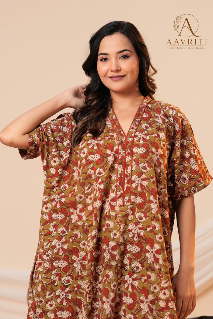 Aavriti Olive Green Floral Hand Block Printed Cotton Loungewear Kaftan