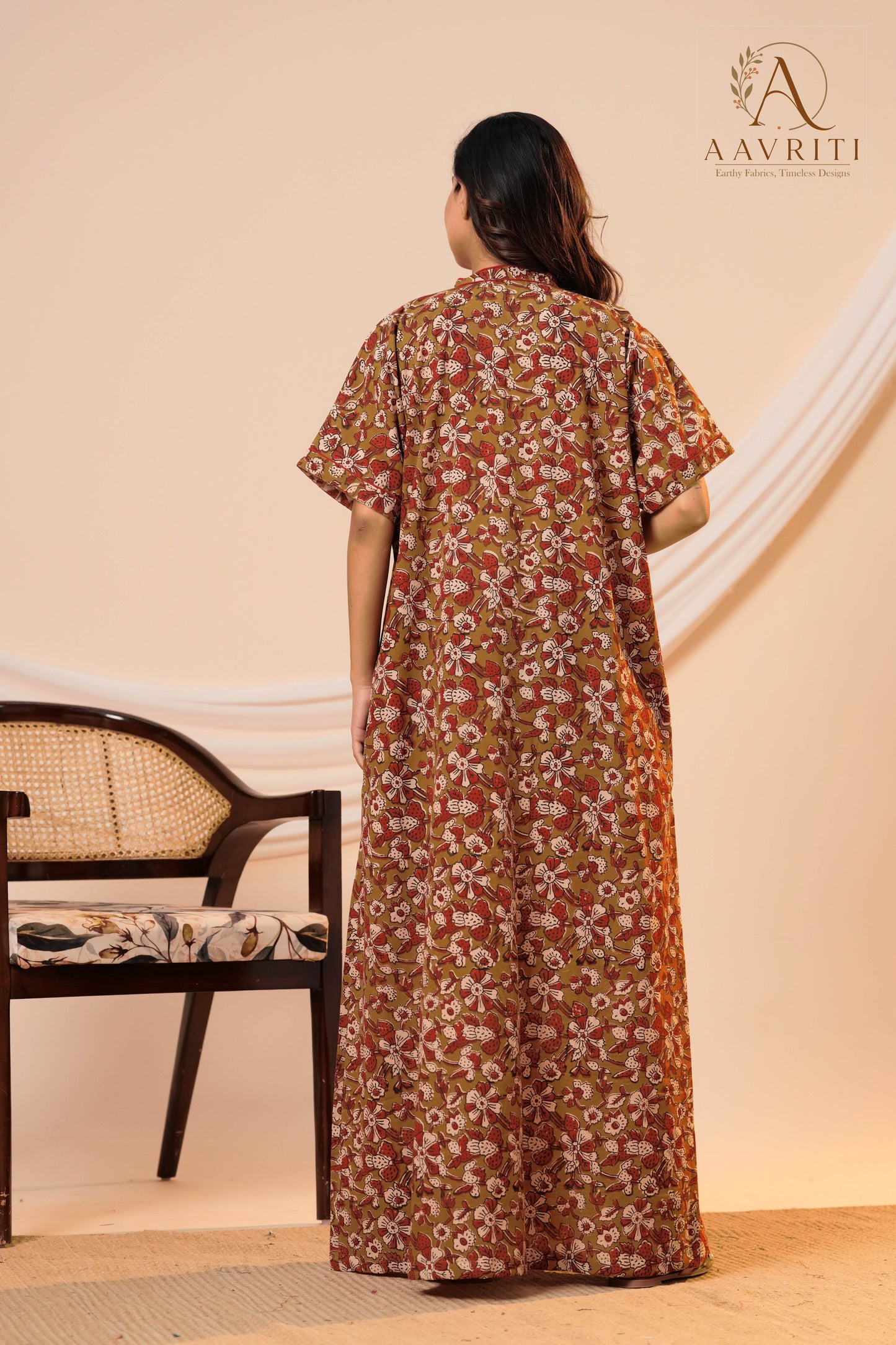 Aavriti Olive Green Floral Hand Block Printed Cotton Loungewear Kaftan