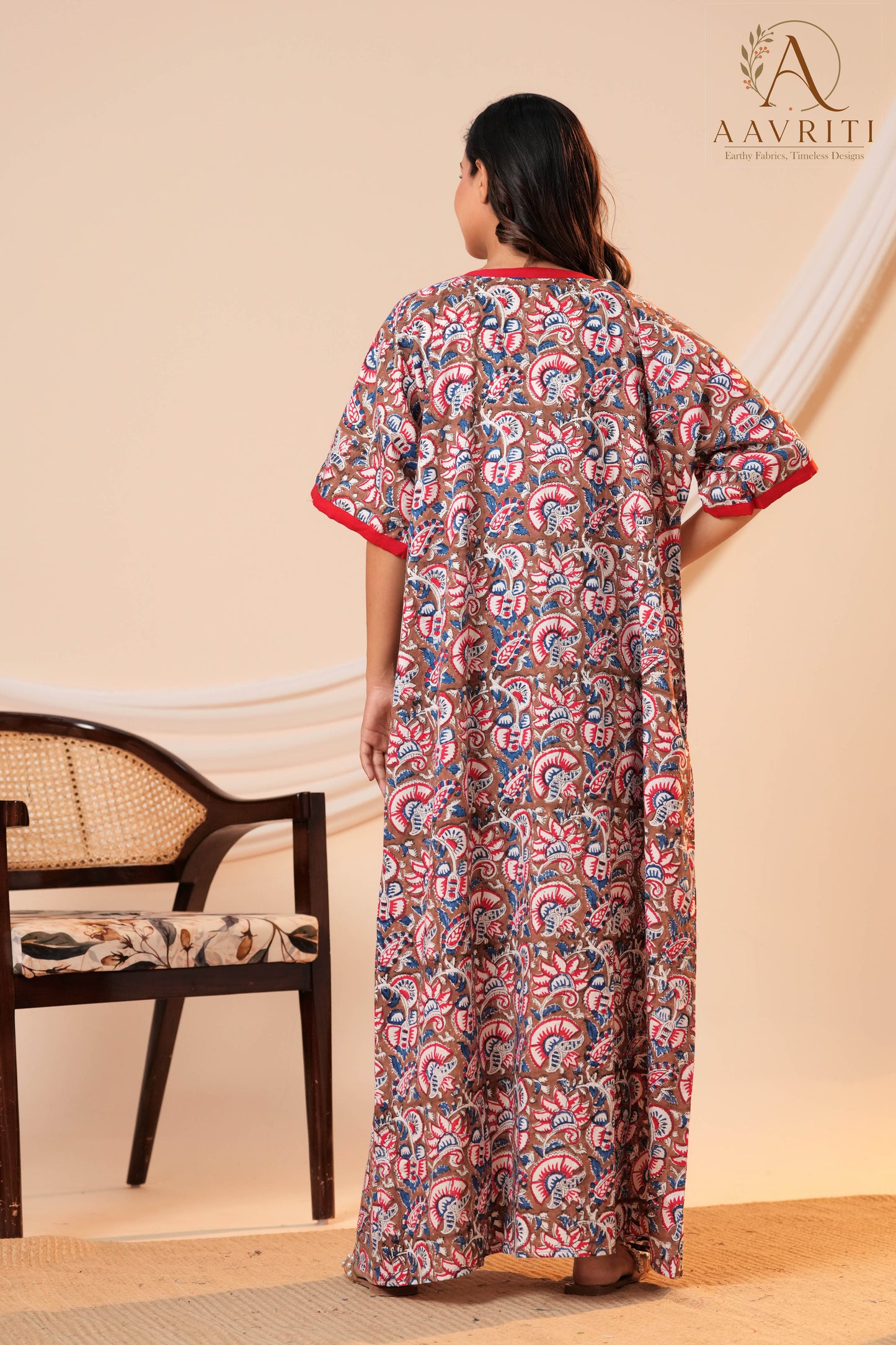 Aavriti Earthy Brown Floral Hand Block Printed Cotton Kaftan