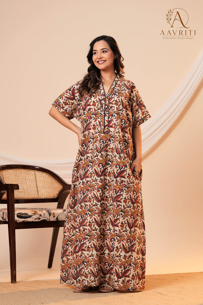 Aavriti Beige Floral Jaal Hand Block Printed Cotton Kaftan
