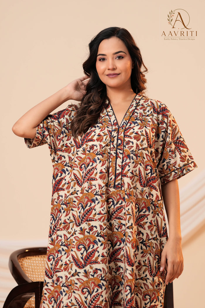 Aavriti Beige Floral Jaal Hand Block Printed Cotton Kaftan