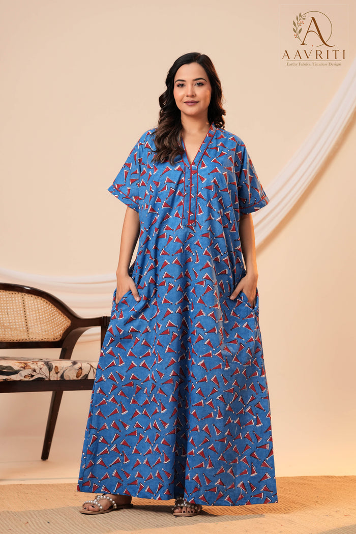 Aavriti Indigo Blue Geometric Cone Motif Hand Block Printed Cotton Kaftan