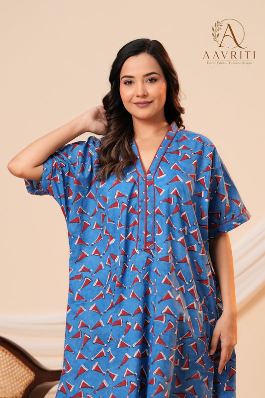Aavriti Indigo Blue Geometric Cone Motif Hand Block Printed Cotton Kaftan