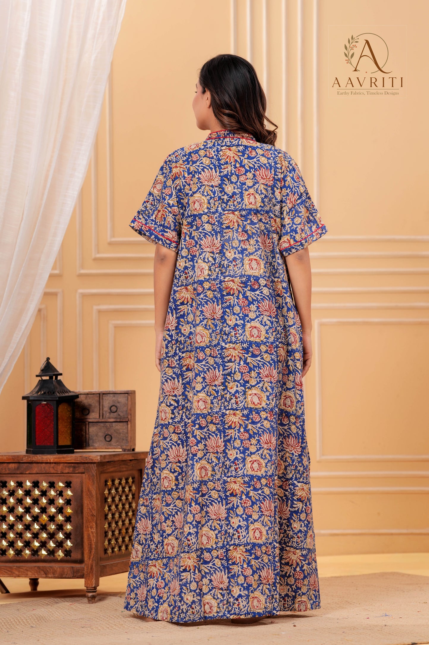 Aavriti Indigo Blue Floral Jaal Hand Block Printed Cotton Kaftan