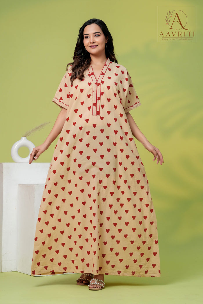 Aavriti Beige Red Heart Buti Hand Block Printed Cotton Loungewear Kaftan