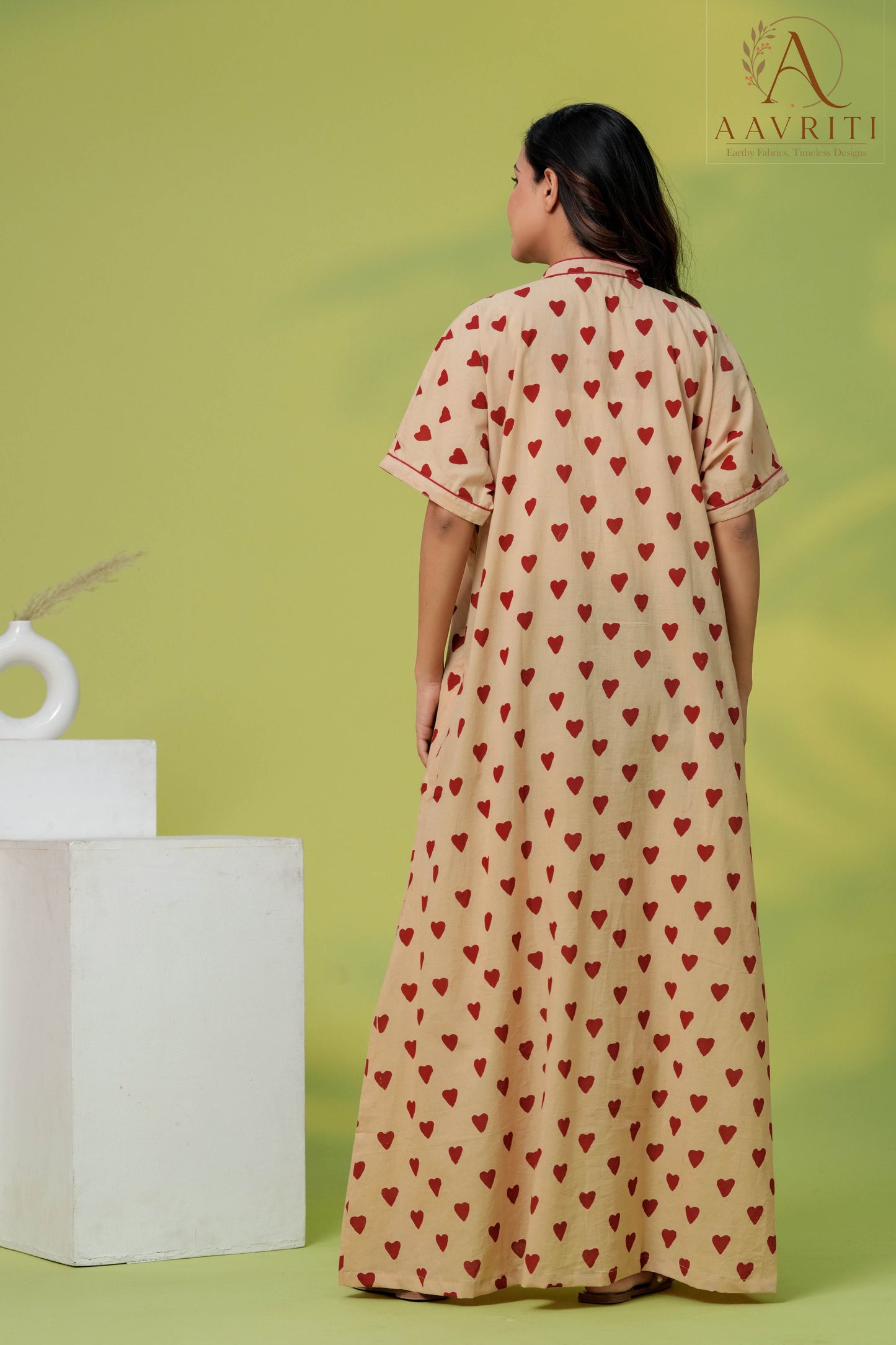 Aavriti Beige Red Heart Buti Hand Block Printed Cotton Loungewear Kaftan
