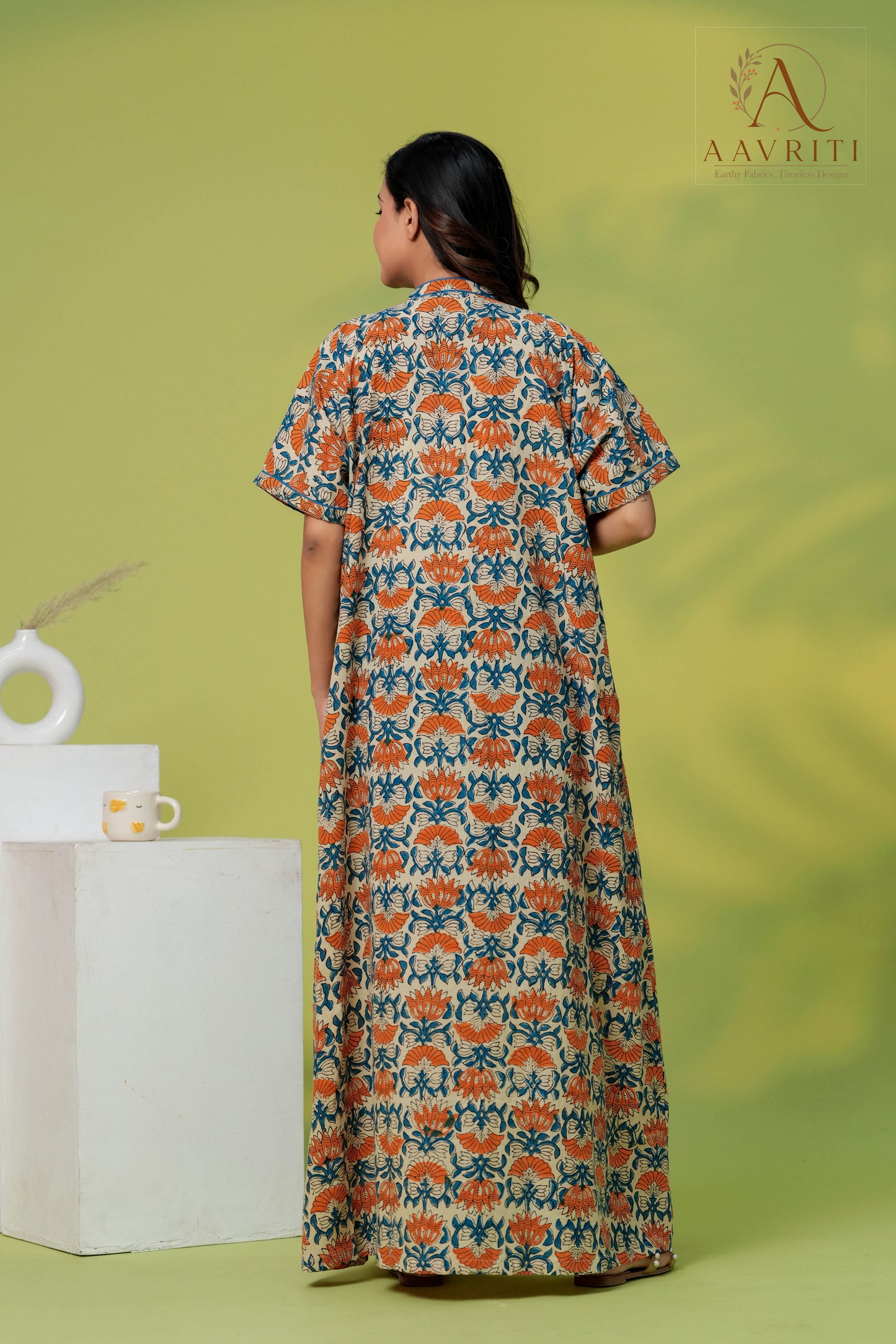 Aavriti Cream Orange Indigo Jaal Hand Block Printed Cotton Kaftan