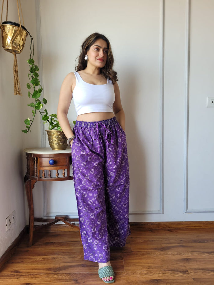 Aavriti Vibrant Purple Floral Booti Bagru Hand Block Printed Cotton Palazzo Pant