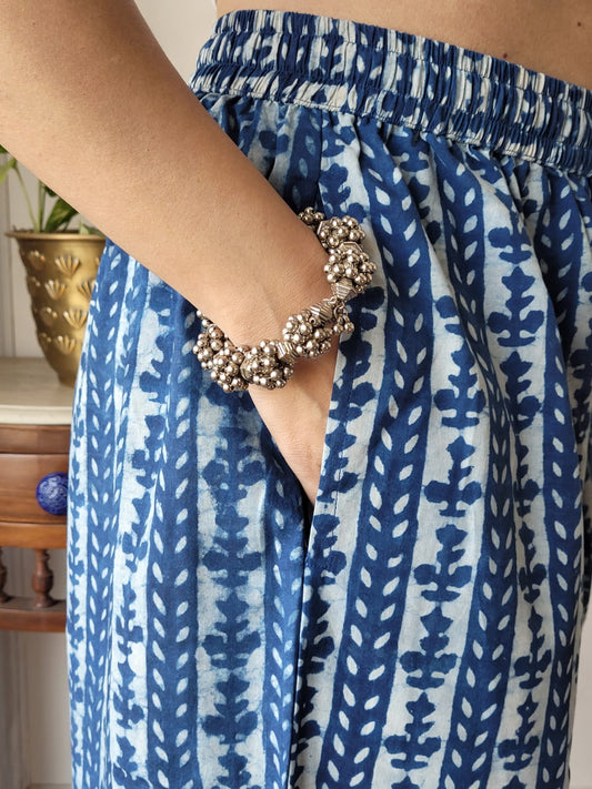 Aavriti Indigo Blue Vertical Floral Vine Bagru Hand Block Printed Cotton Palazzo Pant