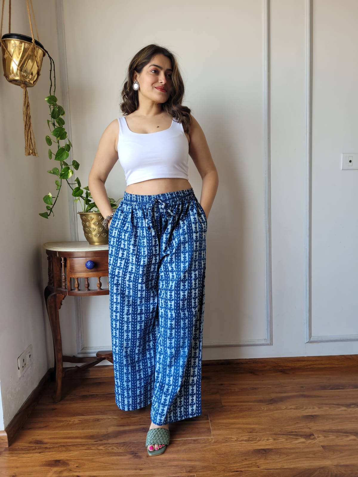Aavriti Indigo Blue Vertical Floral Vine Bagru Hand Block Printed Cotton Palazzo Pant