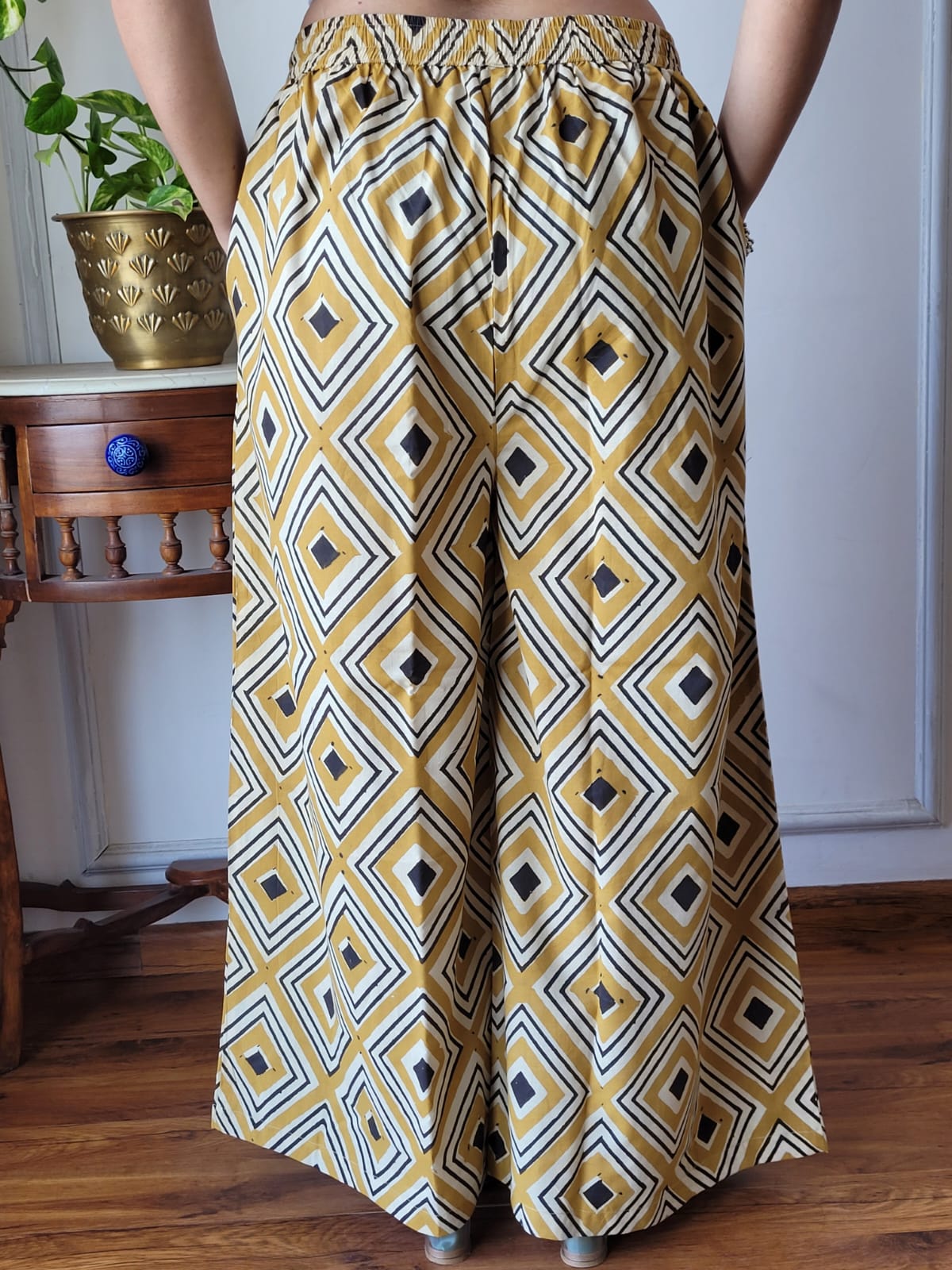 Aavriti Mustard and Black Geometric Diamond Bagru Hand Block Printed Cotton