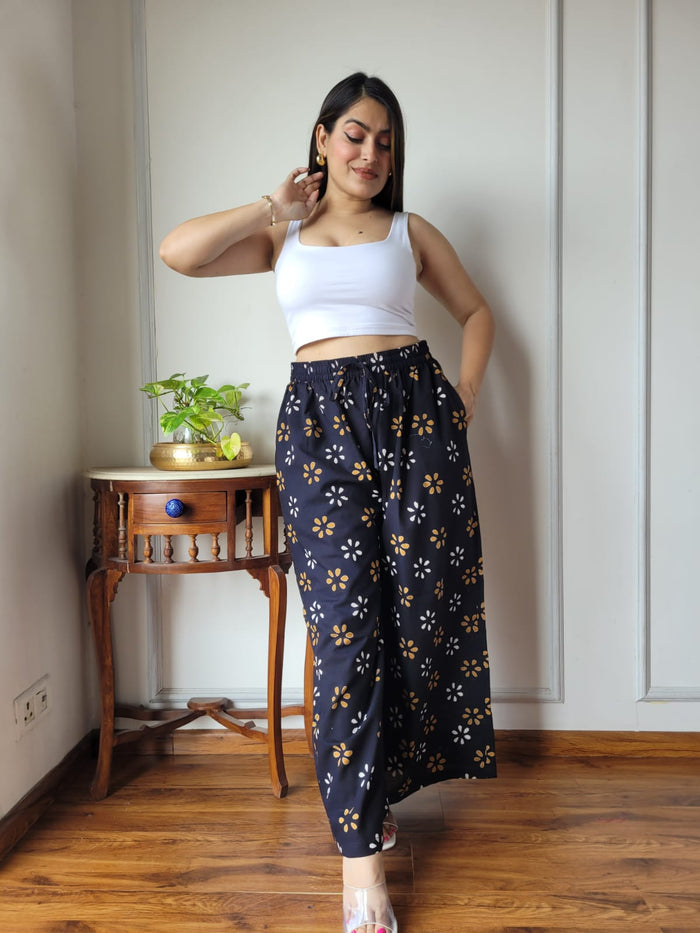 Aavriti Indigo Black Floral Buti Bagru Hand Block Printed Cotton Palazzo Pant