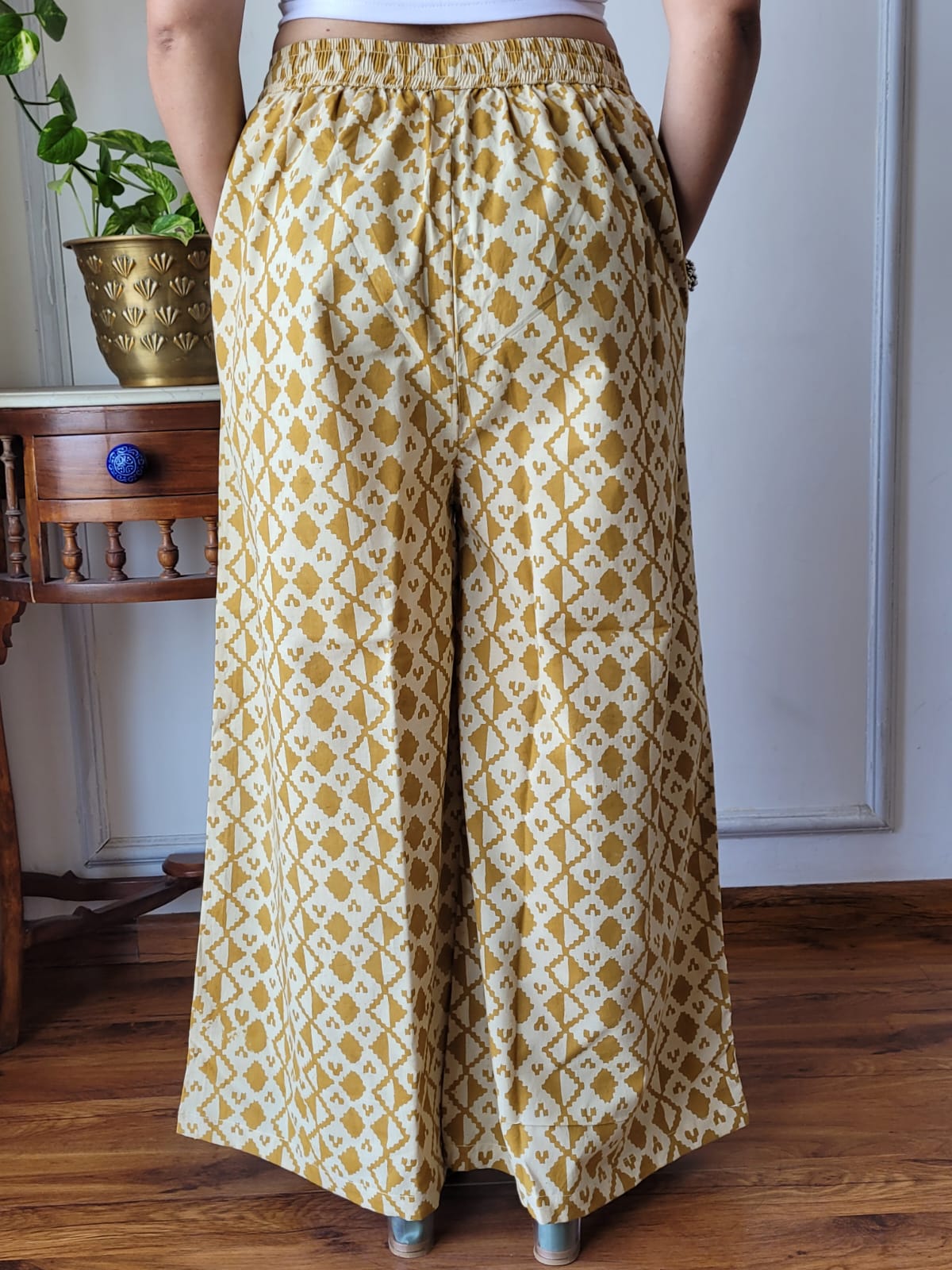 Aavriti Mustard Geometric Diamond Bagru Hand Block Printed Cotton Palazzo Pant