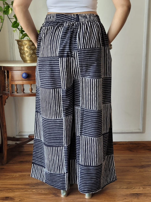 Aavriti Indigo Black Geometric Patchwork Bagru Hand Block Printed Cotton Palazzo Pant