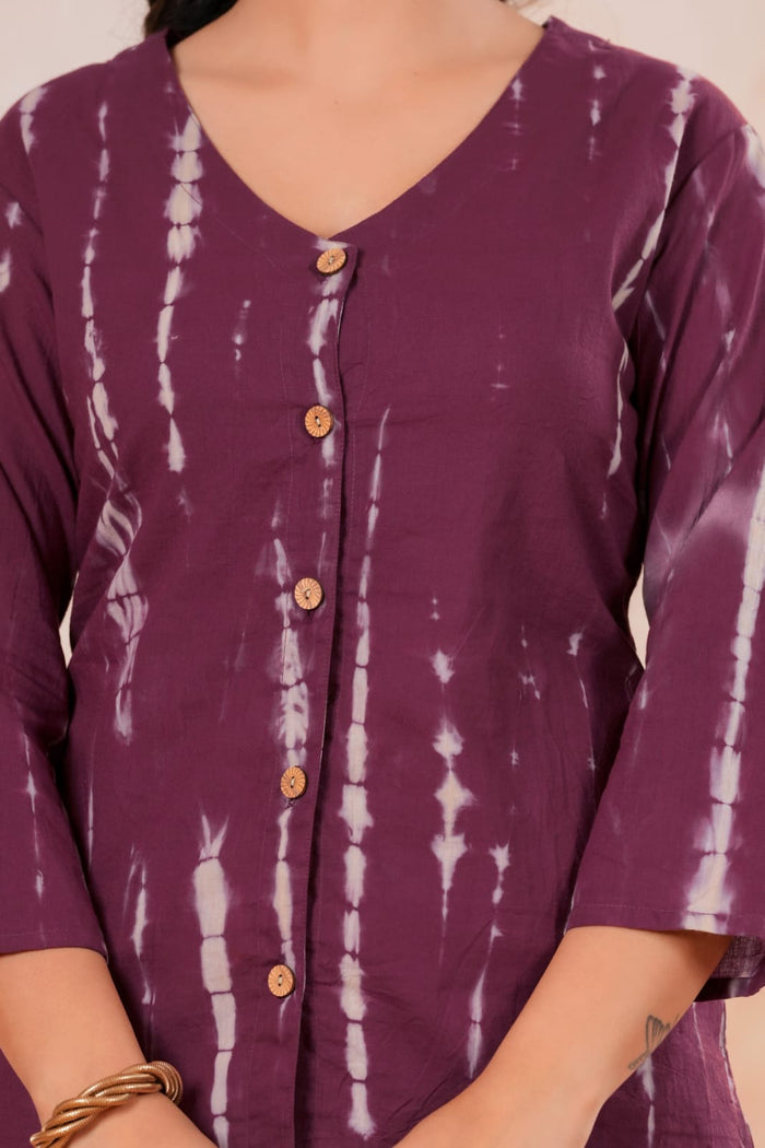 Aavriti Plum Wine Shibori Tie & Dye Cotton V-Neck Shirt Style Top