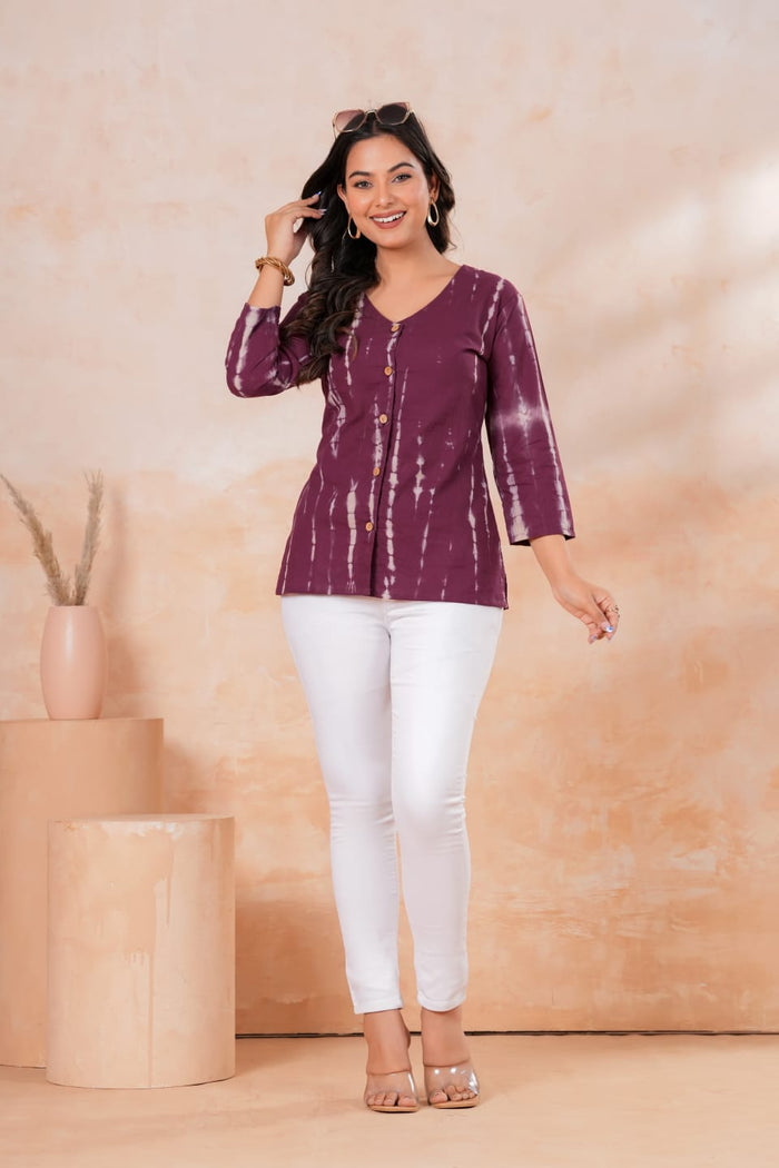 Aavriti Plum Wine Shibori Tie & Dye Cotton V-Neck Shirt Style Top