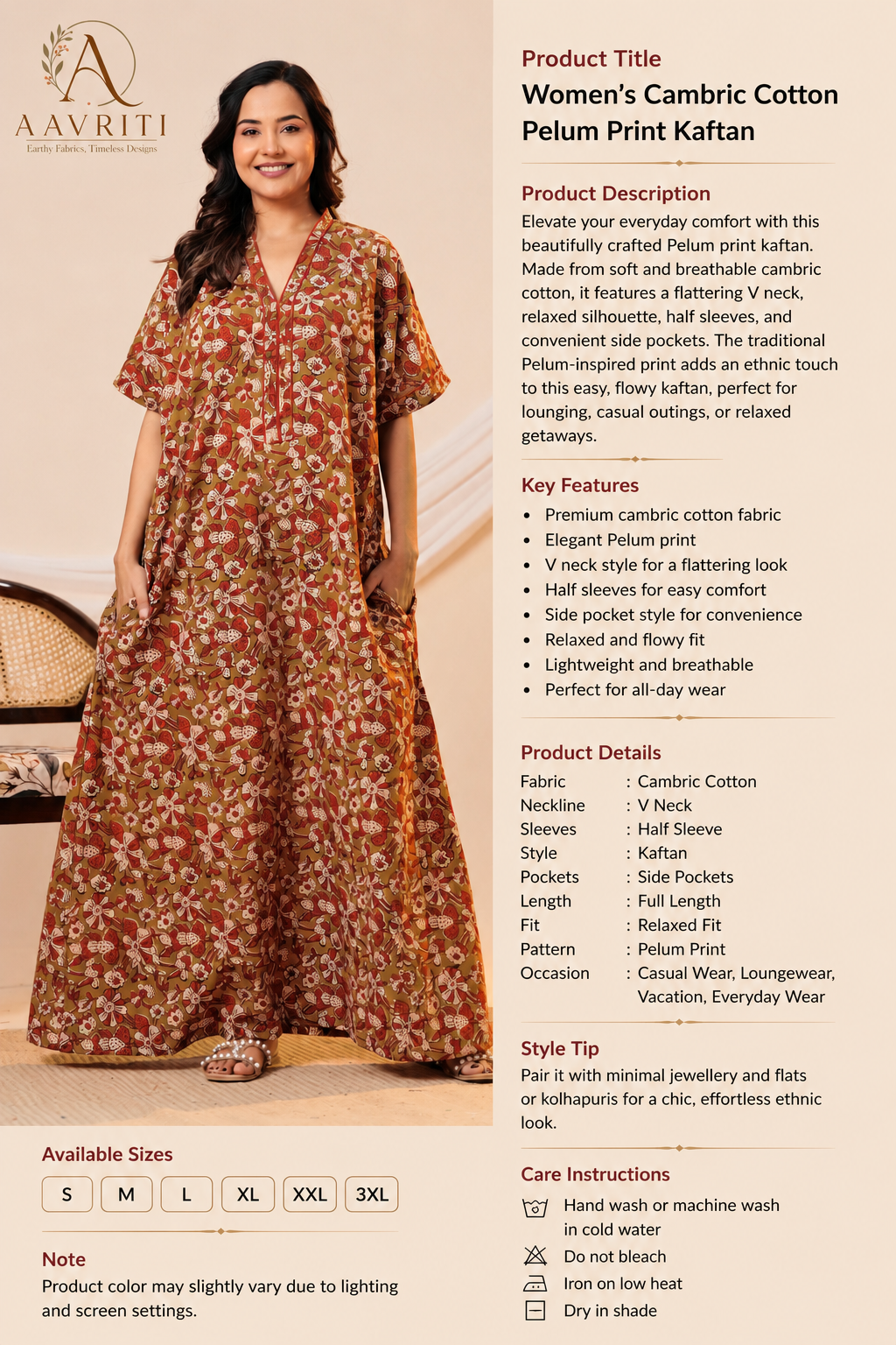 Aavriti Olive Green Floral Hand Block Printed Cotton Loungewear Kaftan