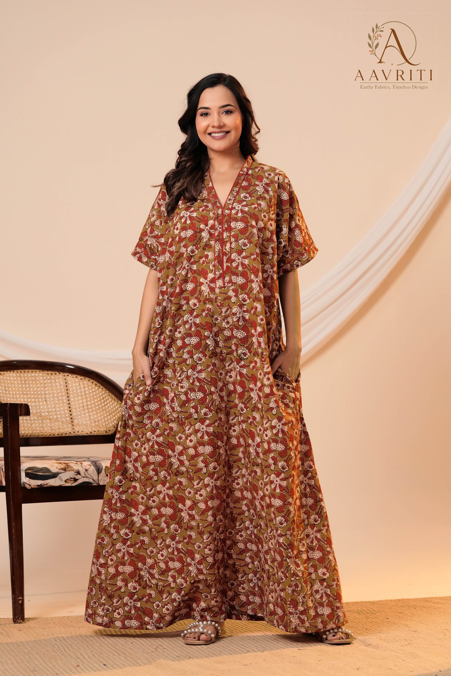 Aavriti Olive Green Floral Hand Block Printed Cotton Loungewear Kaftan