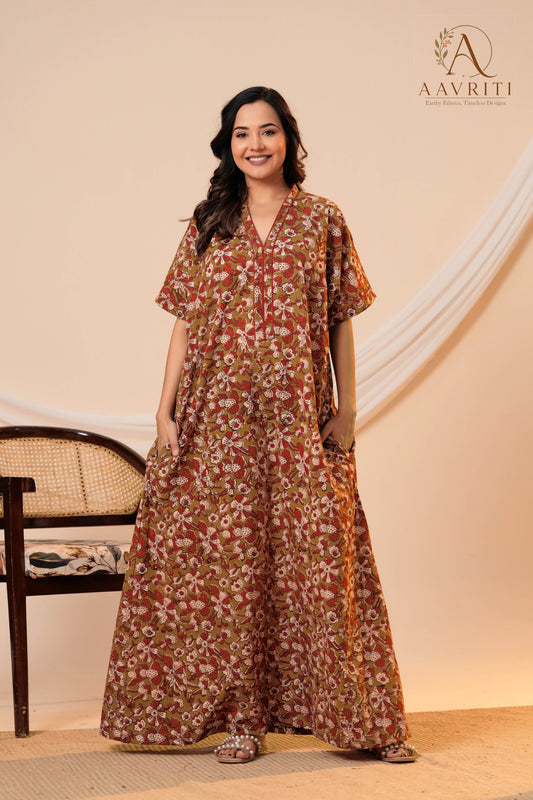 Aavriti Olive Green Floral Hand Block Printed Cotton Loungewear Kaftan