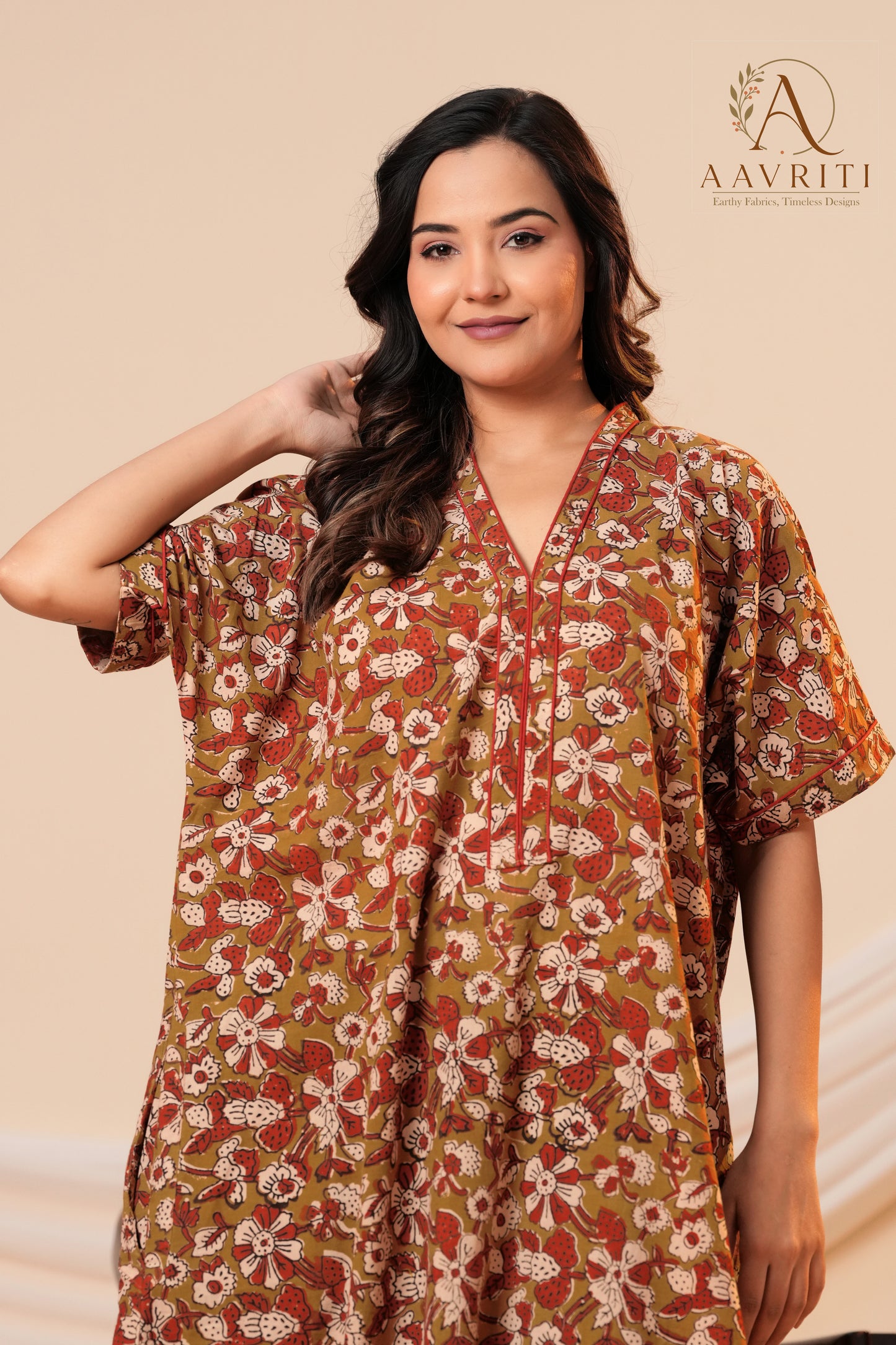 Aavriti Olive Green Floral Hand Block Printed Cotton Loungewear Kaftan