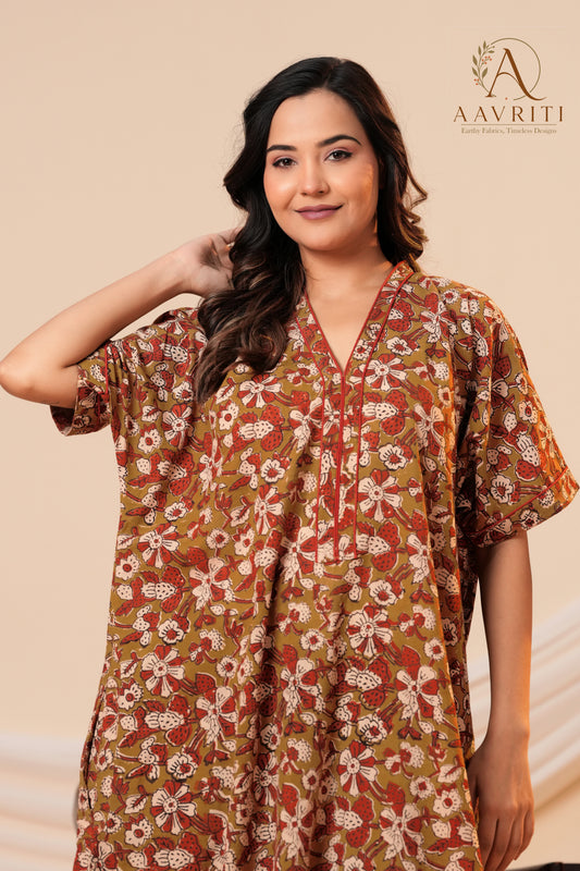 Aavriti Olive Green Floral Hand Block Printed Cotton Loungewear Kaftan