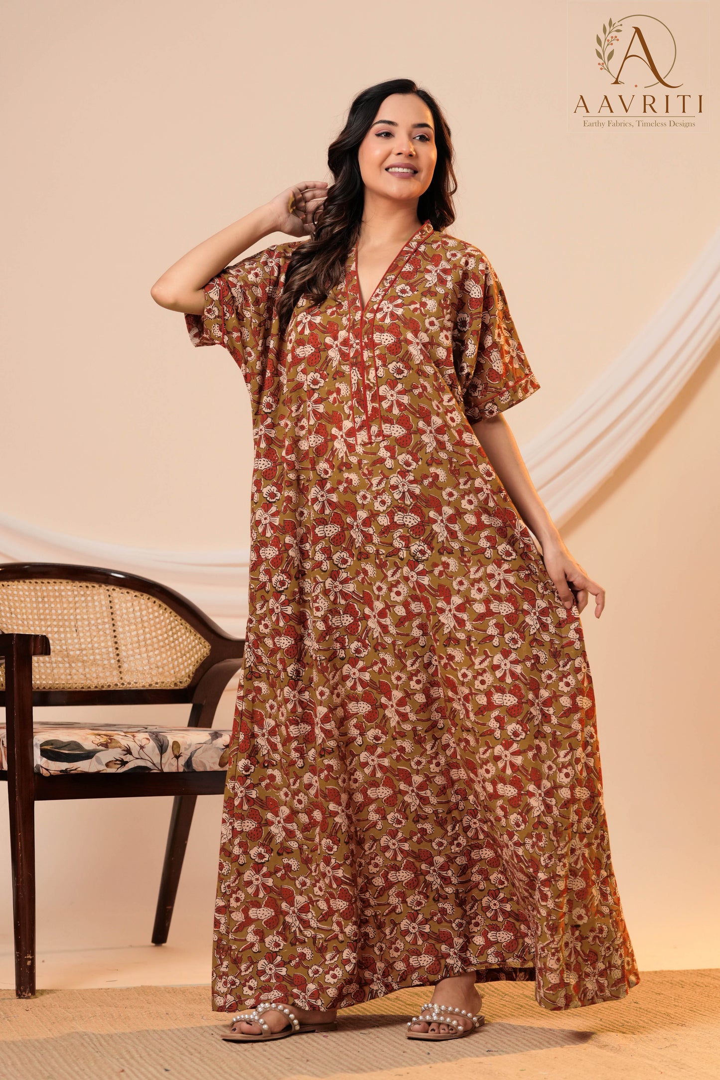 Aavriti Olive Green Floral Hand Block Printed Cotton Loungewear Kaftan