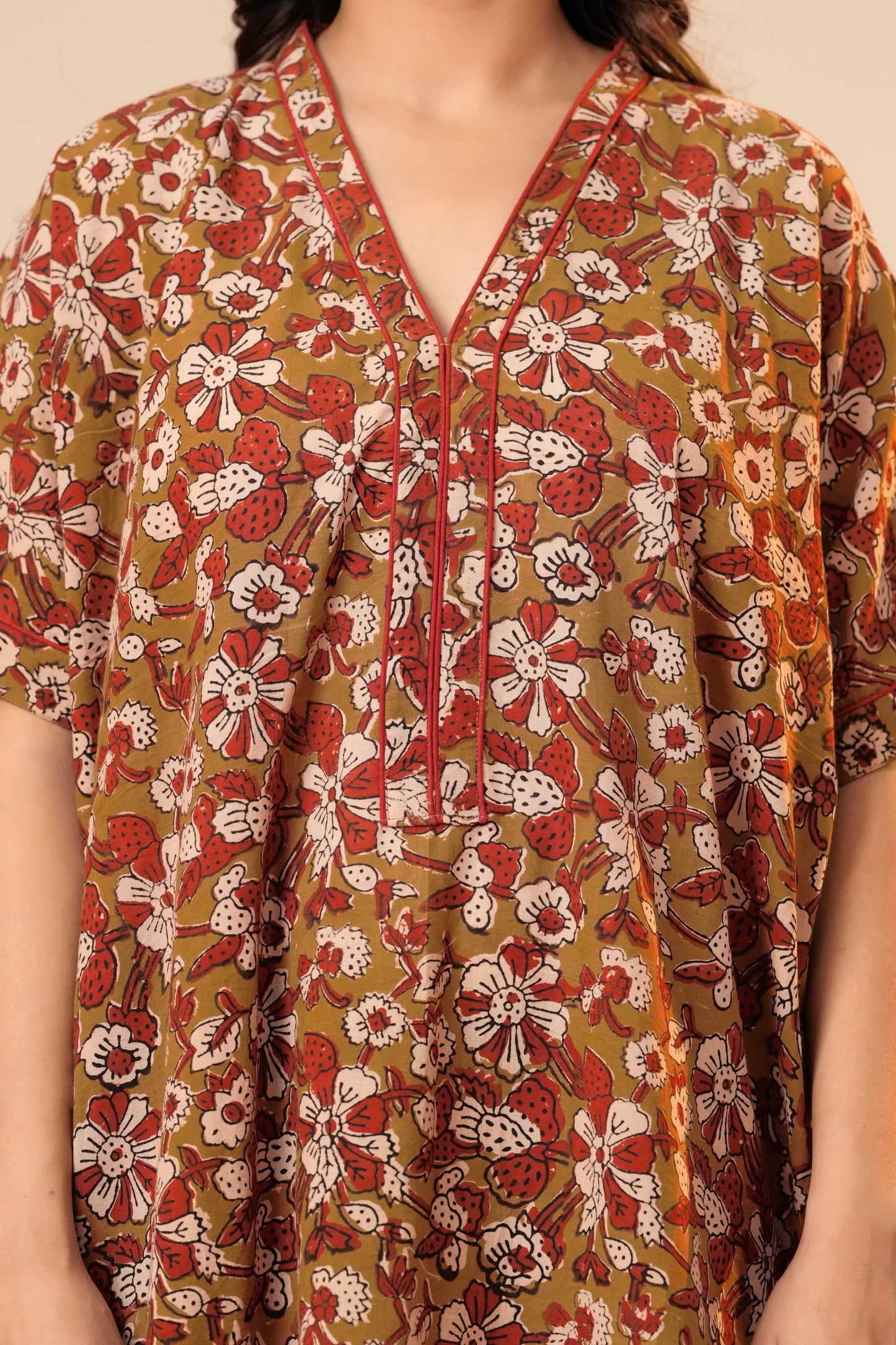 Aavriti Olive Green Floral Hand Block Printed Cotton Loungewear Kaftan