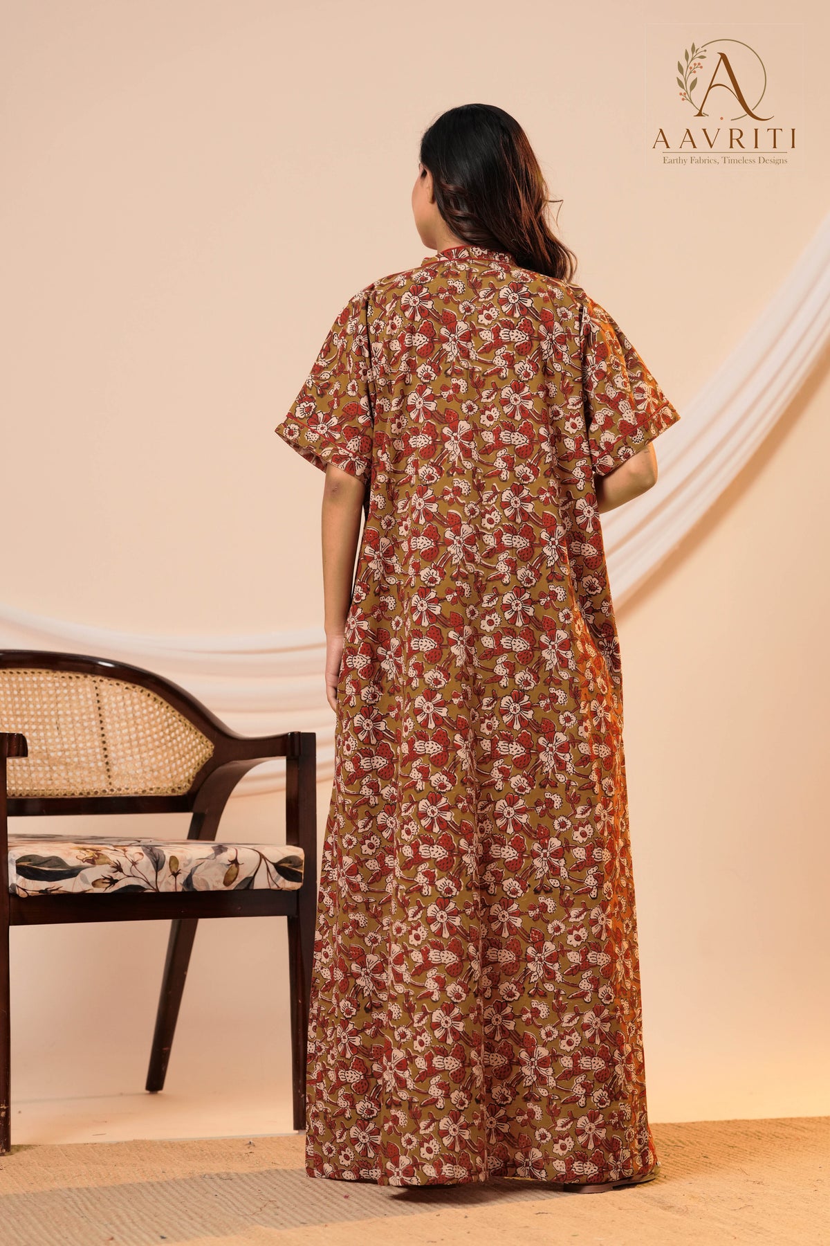 Aavriti Olive Green Floral Hand Block Printed Cotton Loungewear Kaftan