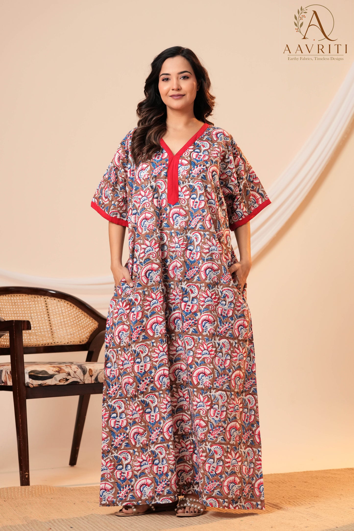 Aavriti Earthy Brown Floral Hand Block Printed Cotton Kaftan