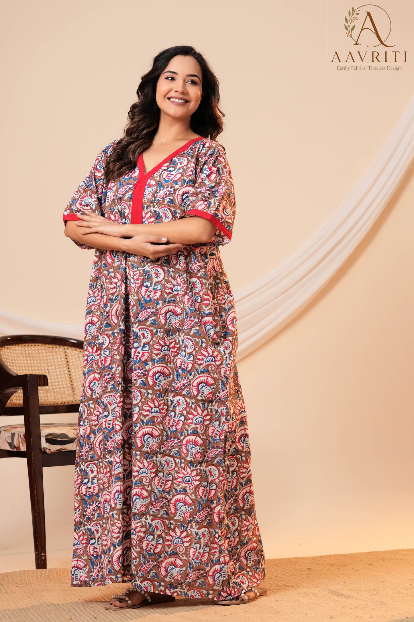 Aavriti Earthy Brown Floral Hand Block Printed Cotton Kaftan