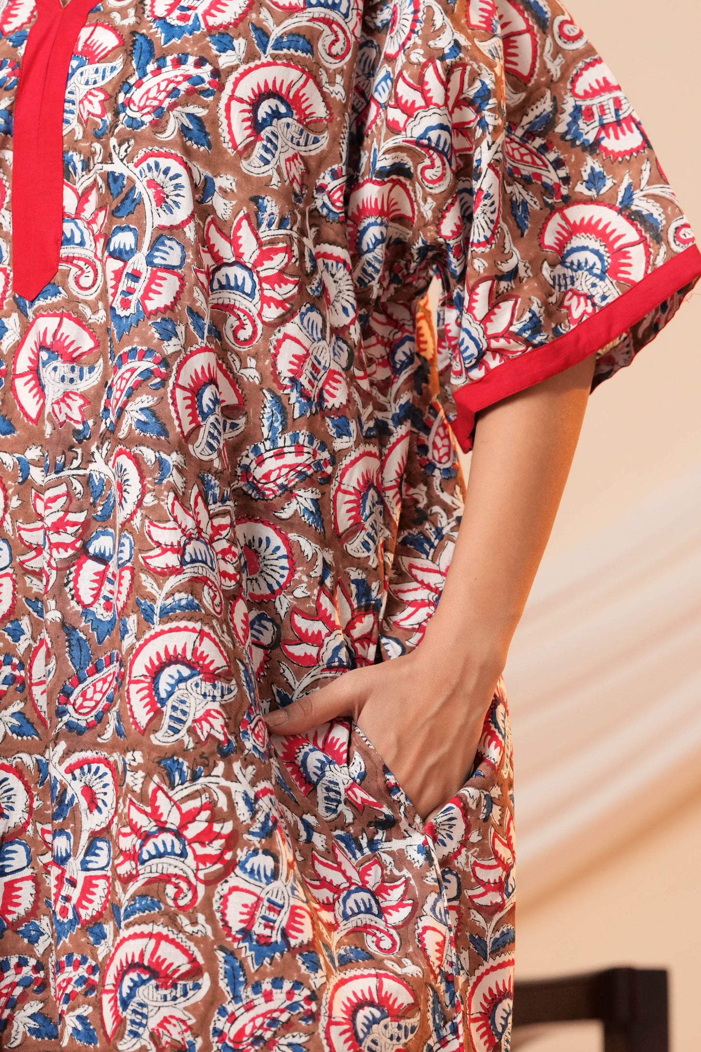 Aavriti Earthy Brown Floral Hand Block Printed Cotton Kaftan