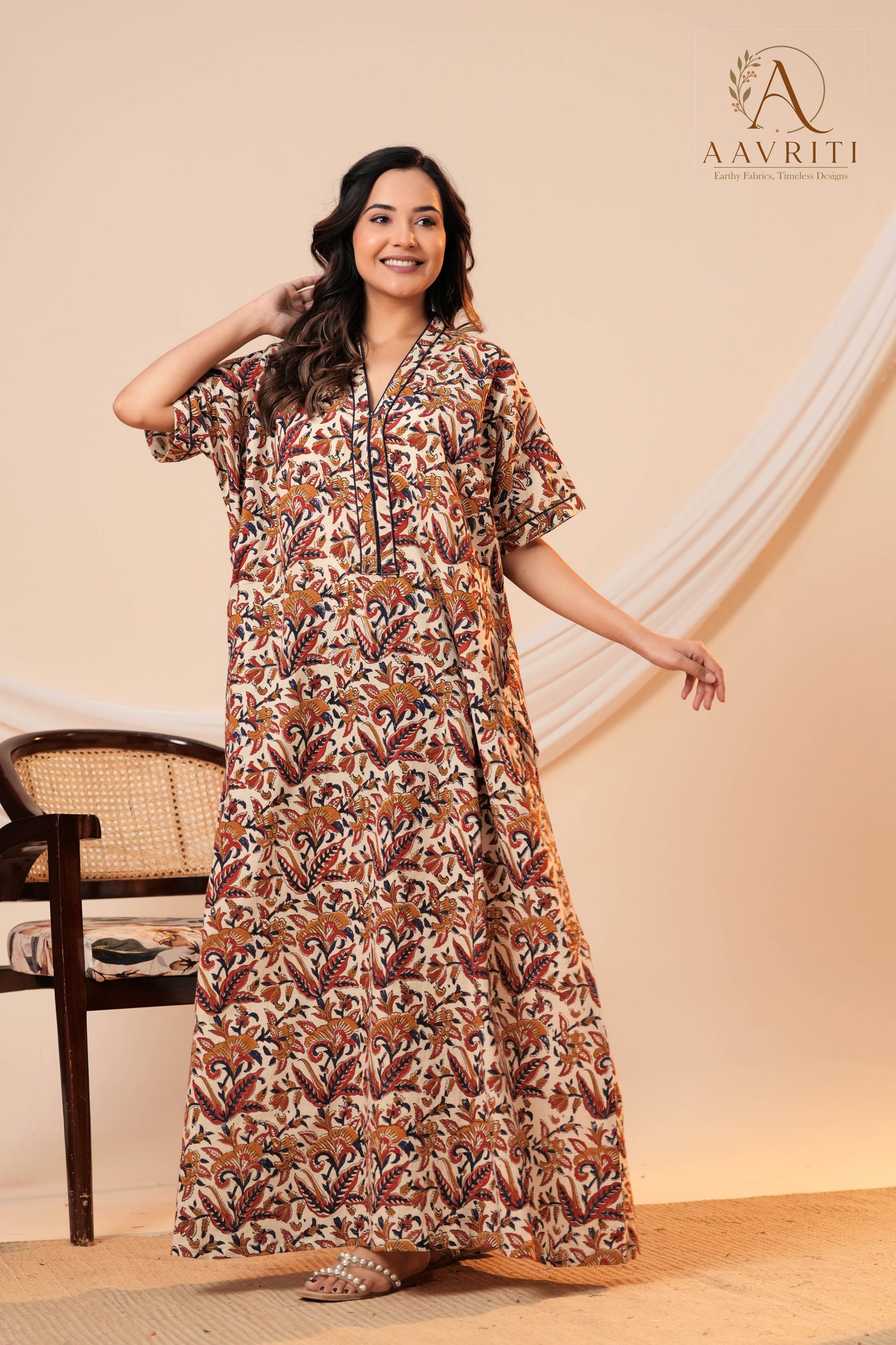 Aavriti Beige Floral Jaal Hand Block Printed Cotton Kaftan
