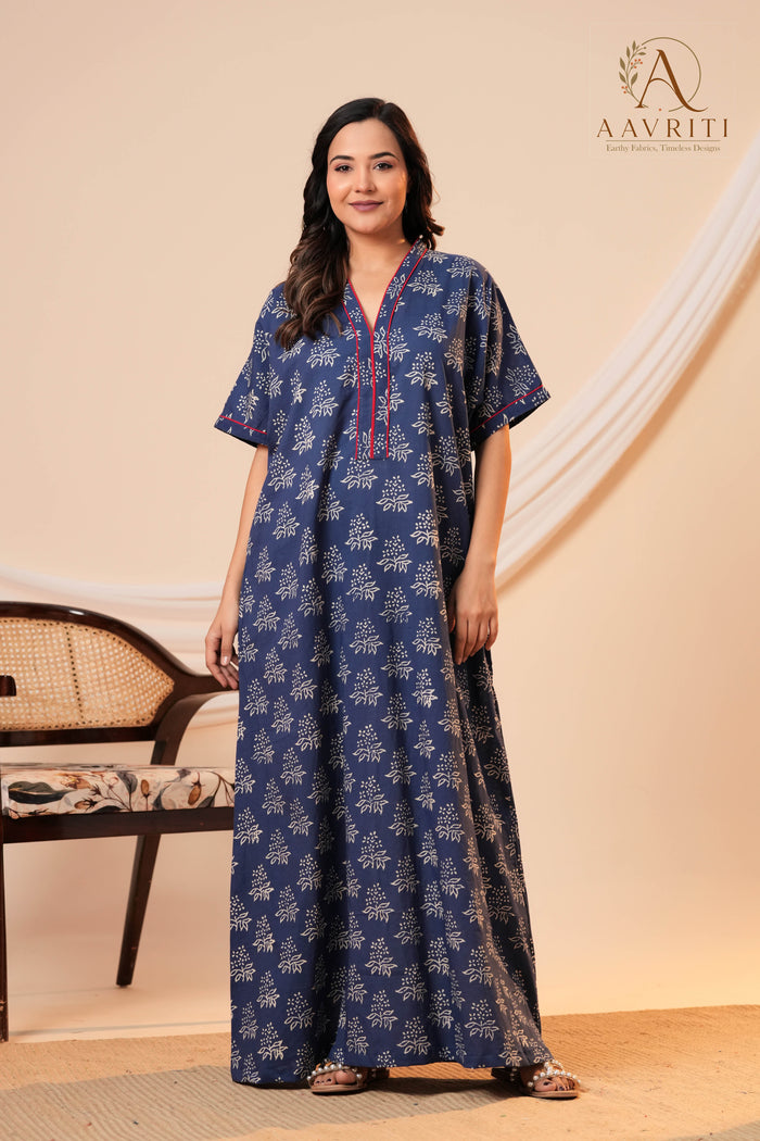 Aavriti Indigo Blue Floral Hand Block Printed Cotton Kaftan