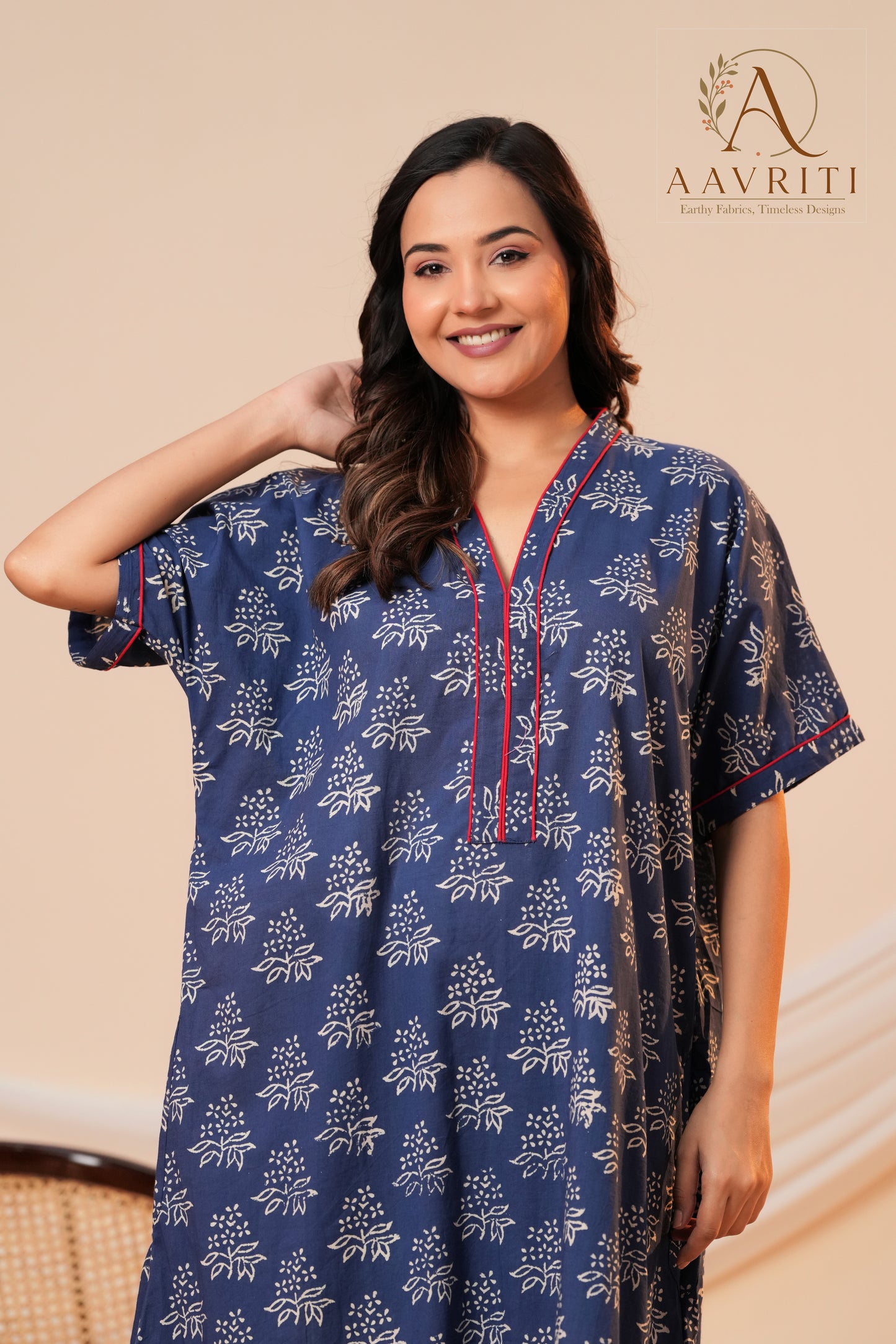 Aavriti Indigo Blue Floral Hand Block Printed Cotton Kaftan