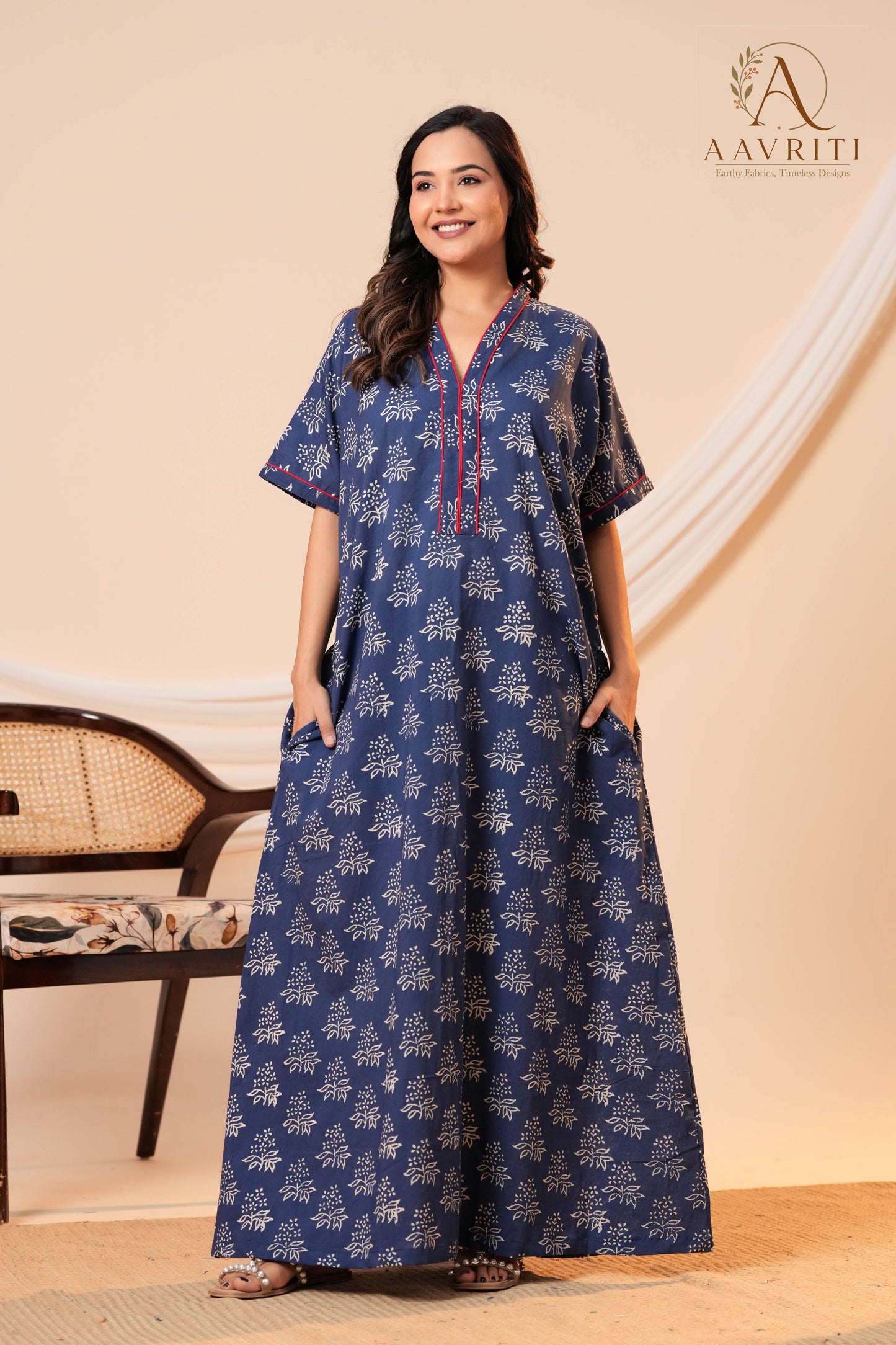Aavriti Indigo Blue Floral Hand Block Printed Cotton Kaftan