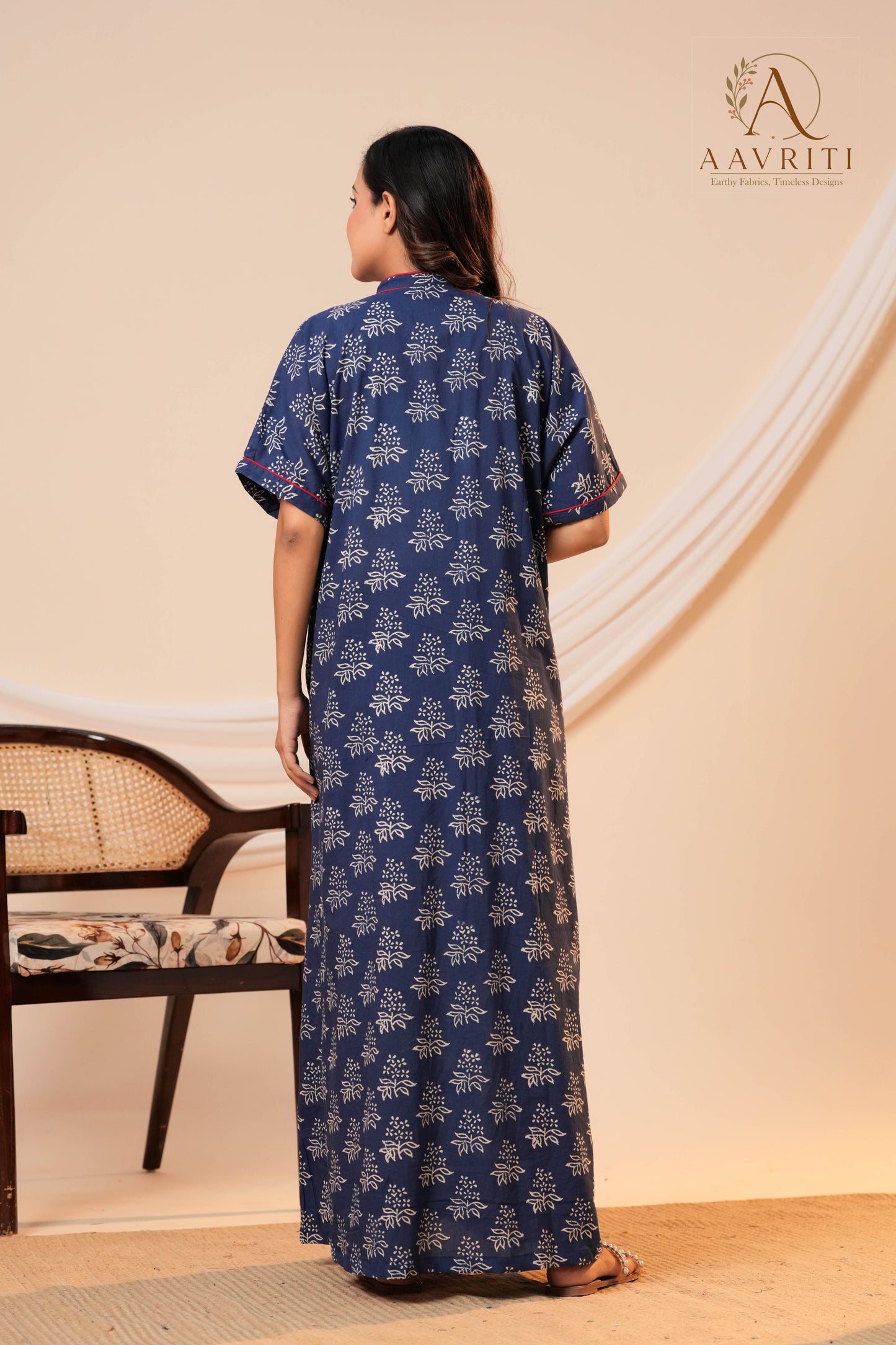 Aavriti Indigo Blue Floral Hand Block Printed Cotton Kaftan