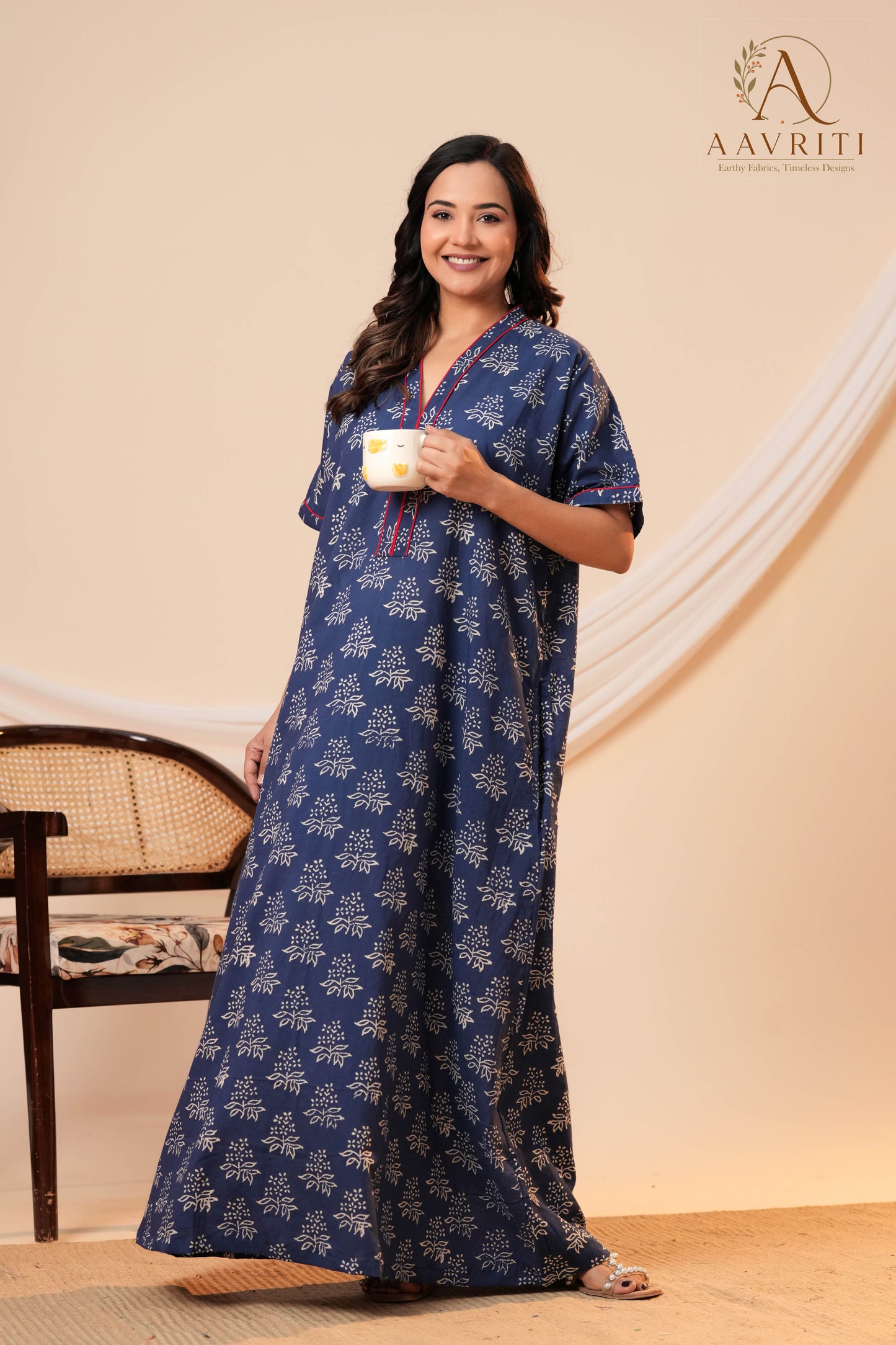 Aavriti Indigo Blue Floral Hand Block Printed Cotton Kaftan