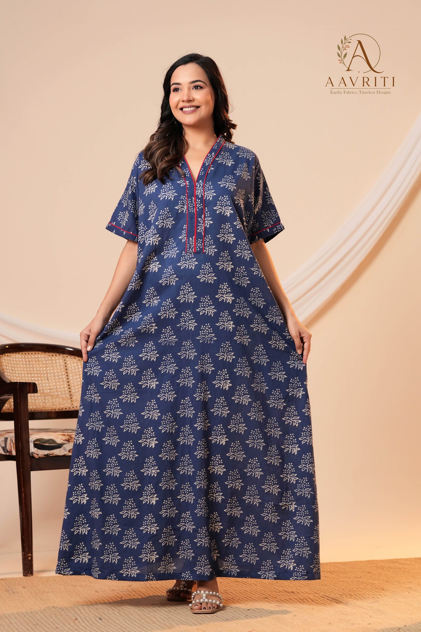 Aavriti Indigo Blue Floral Hand Block Printed Cotton Kaftan