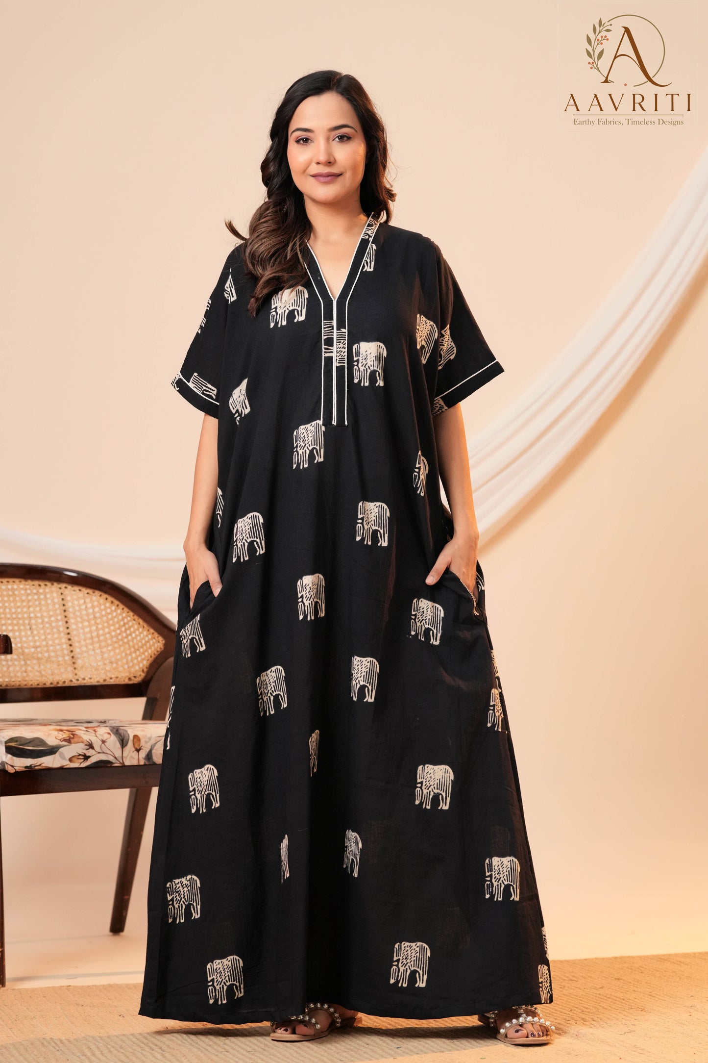 Aavriti Black Elephant Motif Hand Block Printed Cotton Kaftan