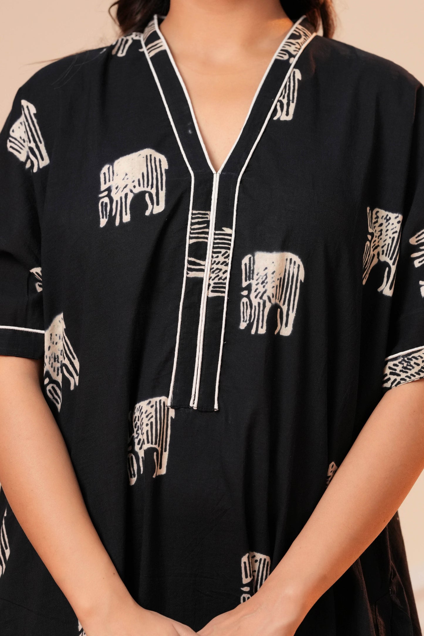 Aavriti Black Elephant Motif Hand Block Printed Cotton Kaftan
