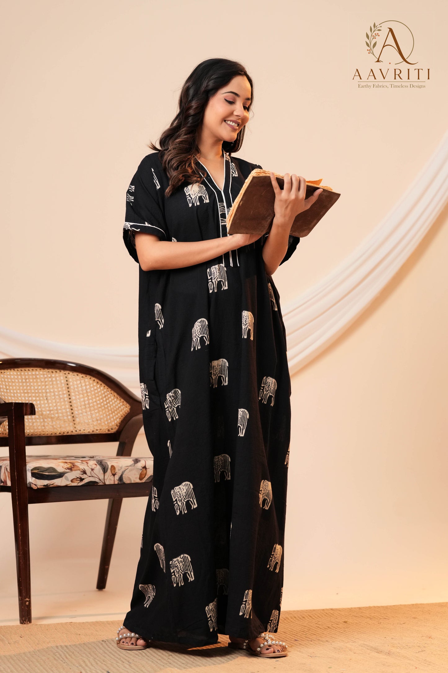 Aavriti Black Elephant Motif Hand Block Printed Cotton Kaftan