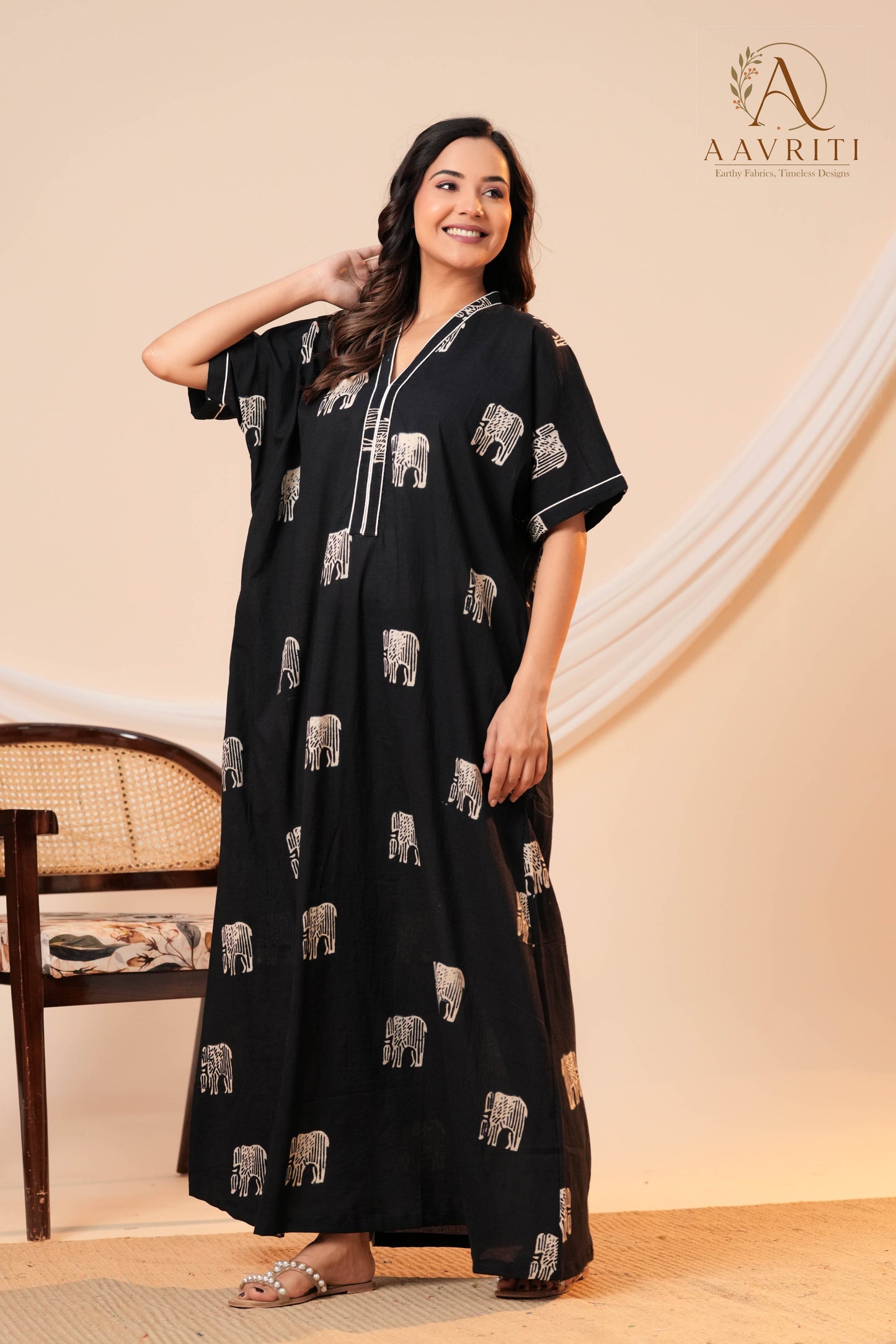 Aavriti Black Elephant Motif Hand Block Printed Cotton Kaftan
