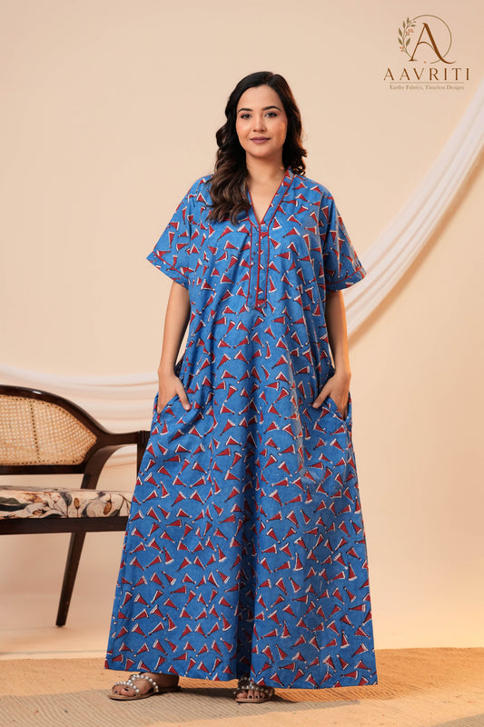 Aavriti Indigo Blue Geometric Cone Motif Hand Block Printed Cotton Kaftan