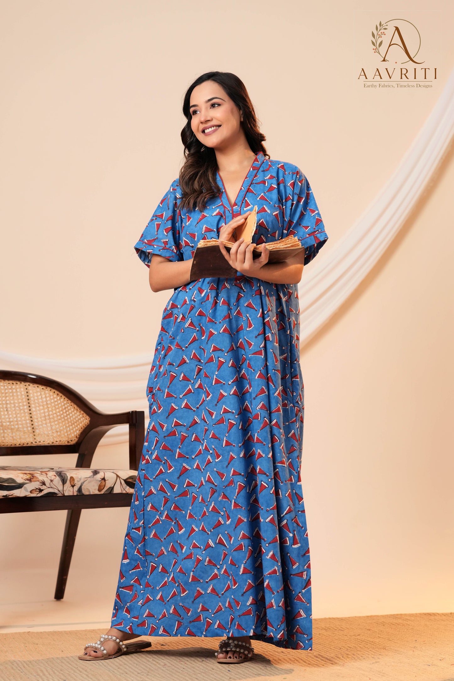 Aavriti Indigo Blue Geometric Cone Motif Hand Block Printed Cotton Kaftan