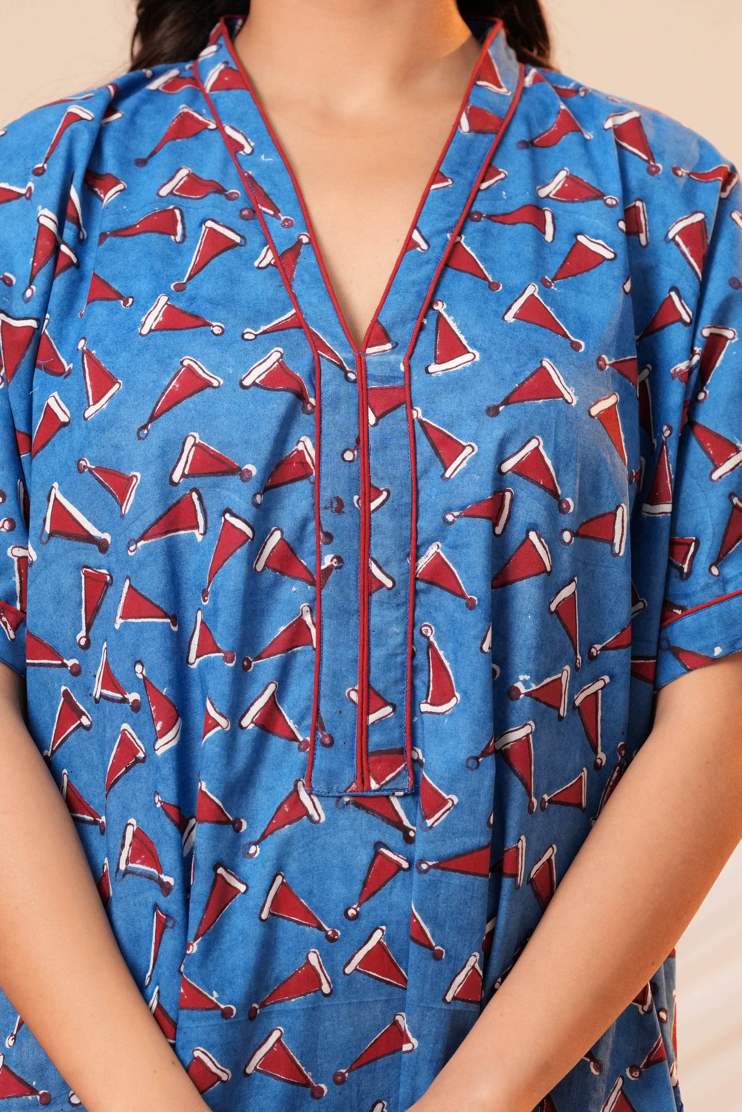 Aavriti Indigo Blue Geometric Cone Motif Hand Block Printed Cotton Kaftan