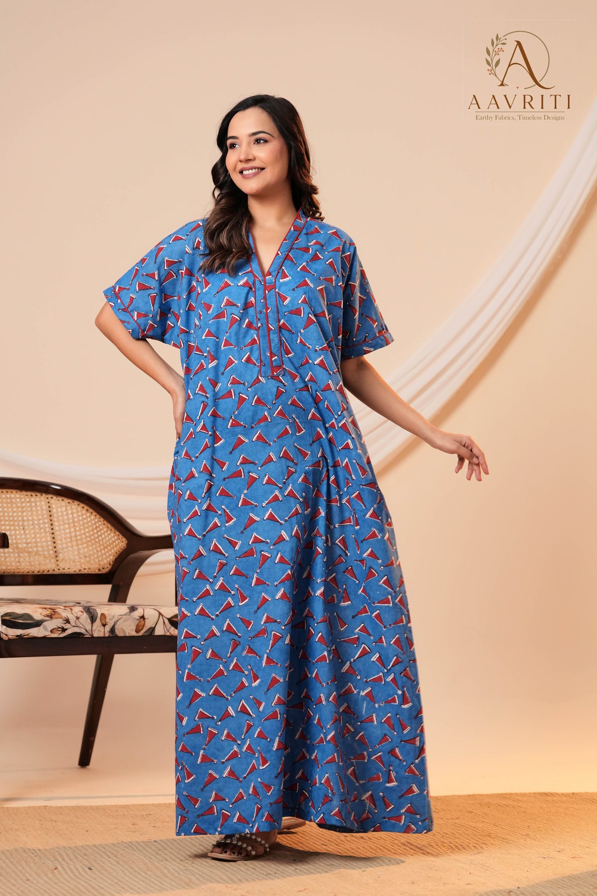 Aavriti Indigo Blue Geometric Cone Motif Hand Block Printed Cotton Kaftan