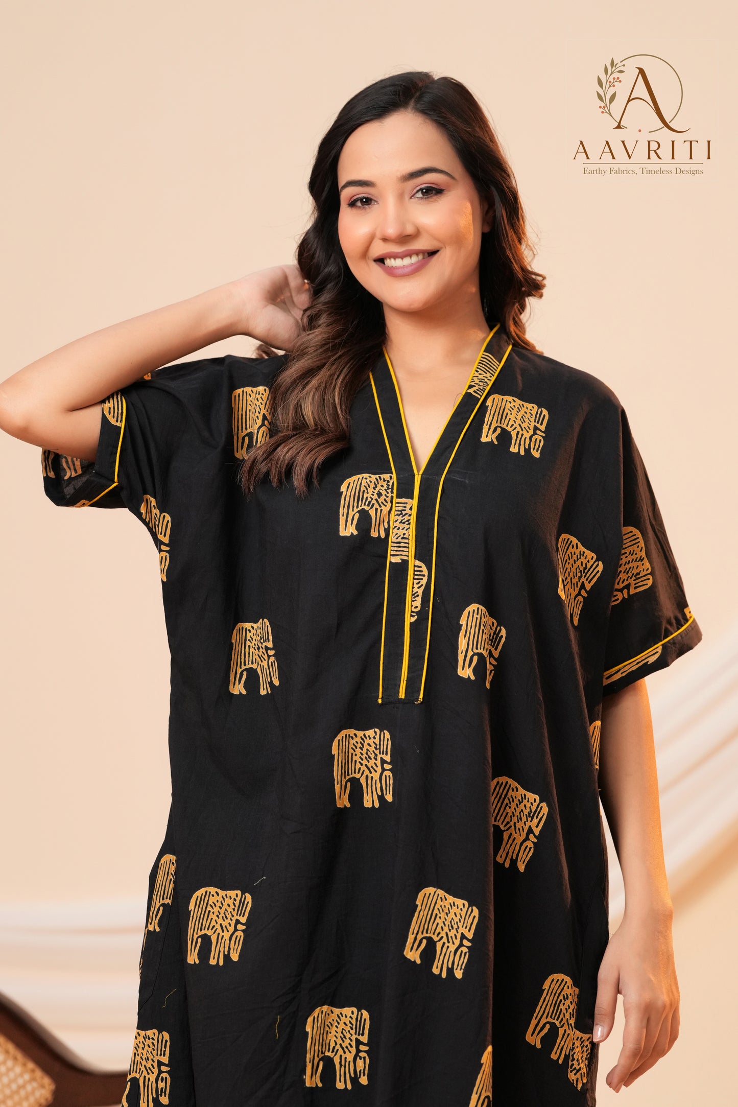 Aavriti Jet Black Elephant Motif Hand Block Printed Cotton Kaftan