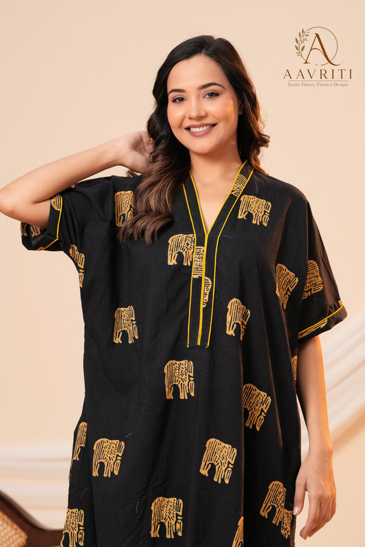 Aavriti Jet Black Elephant Motif Hand Block Printed Cotton Kaftan