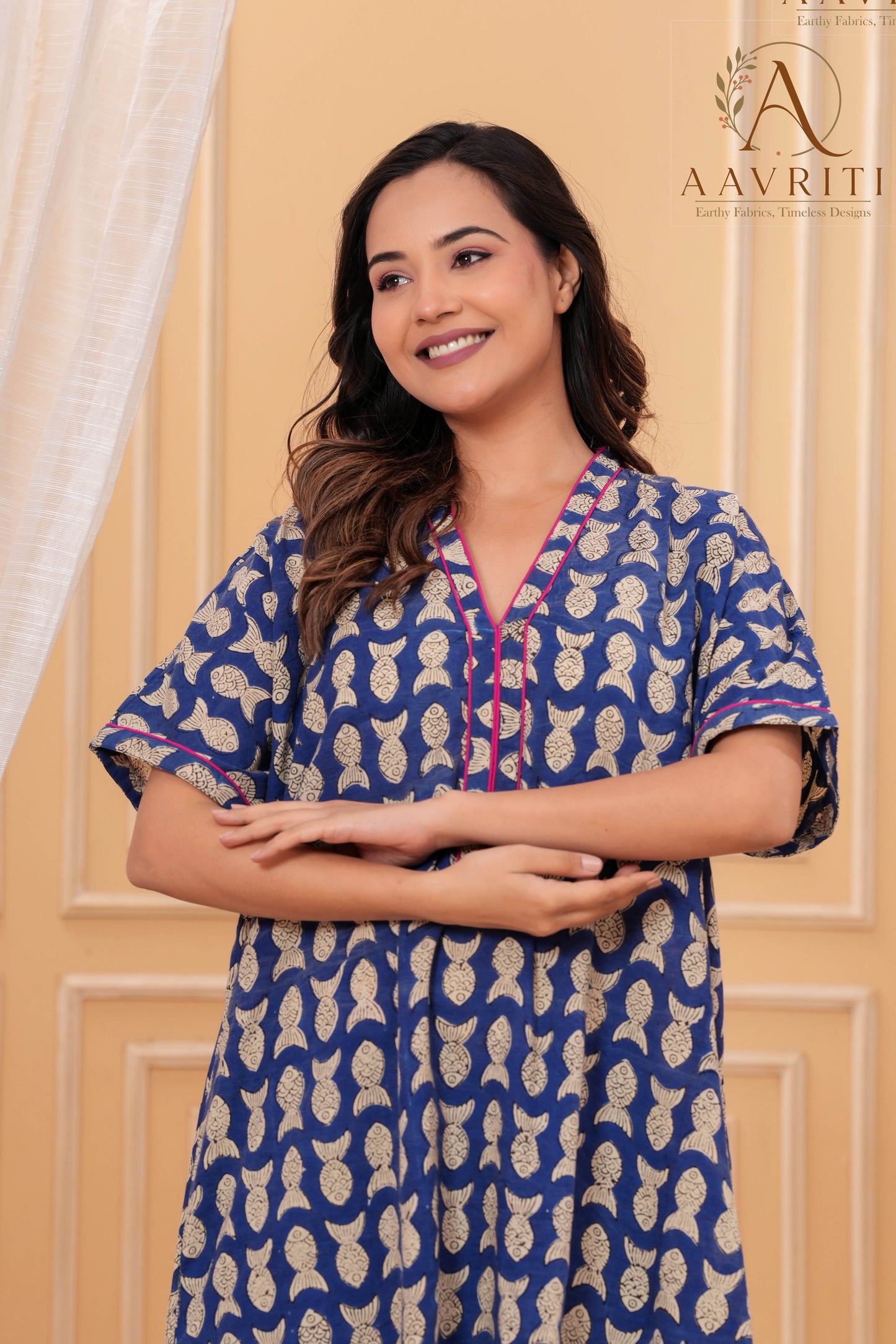 Aavriti Indigo Blue Fish Motif Hand Block Printed Cotton Kaftan