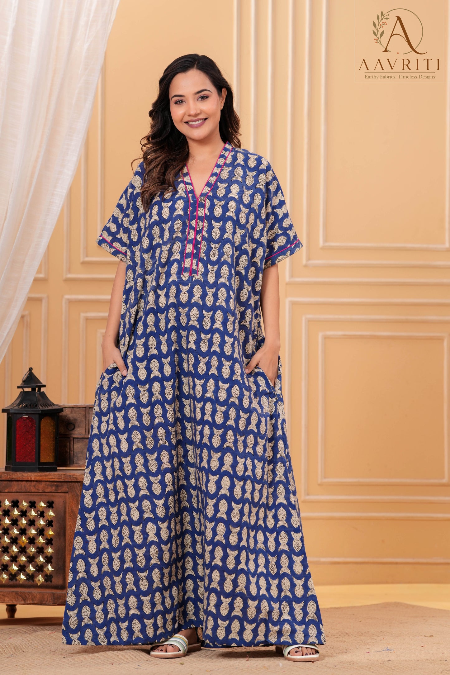 Aavriti Indigo Blue Fish Motif Hand Block Printed Cotton Kaftan